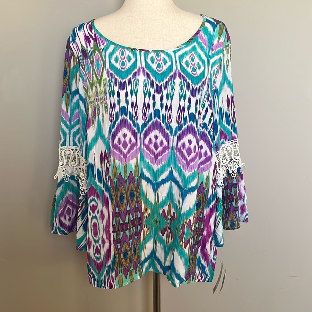 NEW!! Zac & Rachel Ikat Peasant Blouse Crocket Bell Sleeves Purple &Teal Size XL